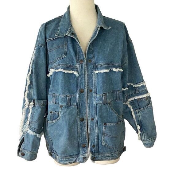 Vintage Please Thank You Distressed Jean Denim Jacket Medium - Picture 1 of 7